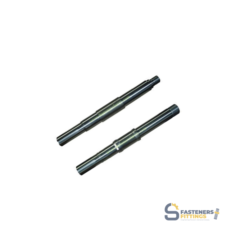 Product photography — precision-machined pump shafts, shot for Superbia Fasteners & Fittings